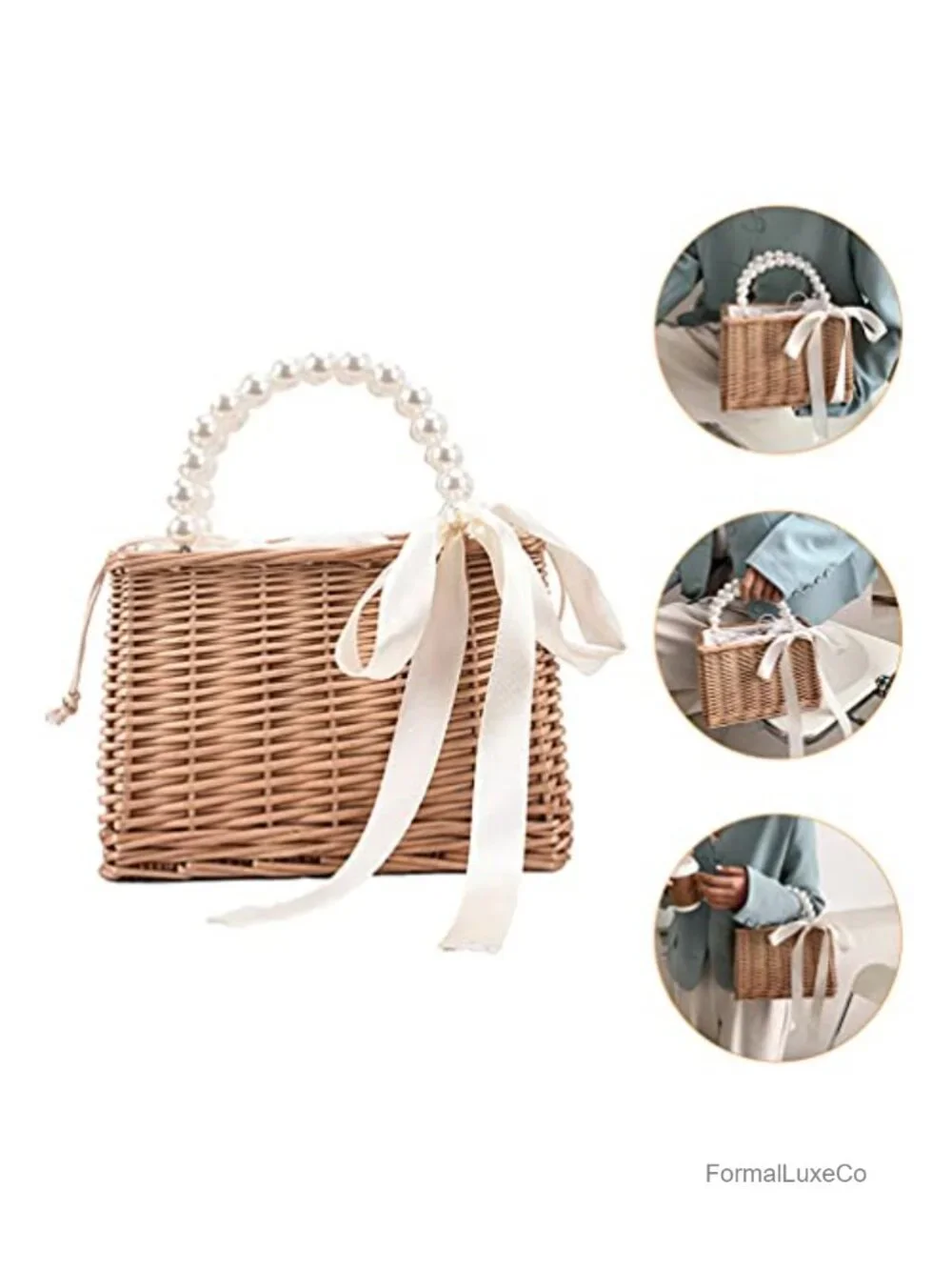 Woven Straw Pearl Handle Drawstring Tote Beach Handbag Women